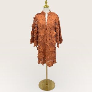 J.Marie Seraphina Shift Dress XS Burnt Orange Floral 3D Lace 3/4 Sleeve Kaftan